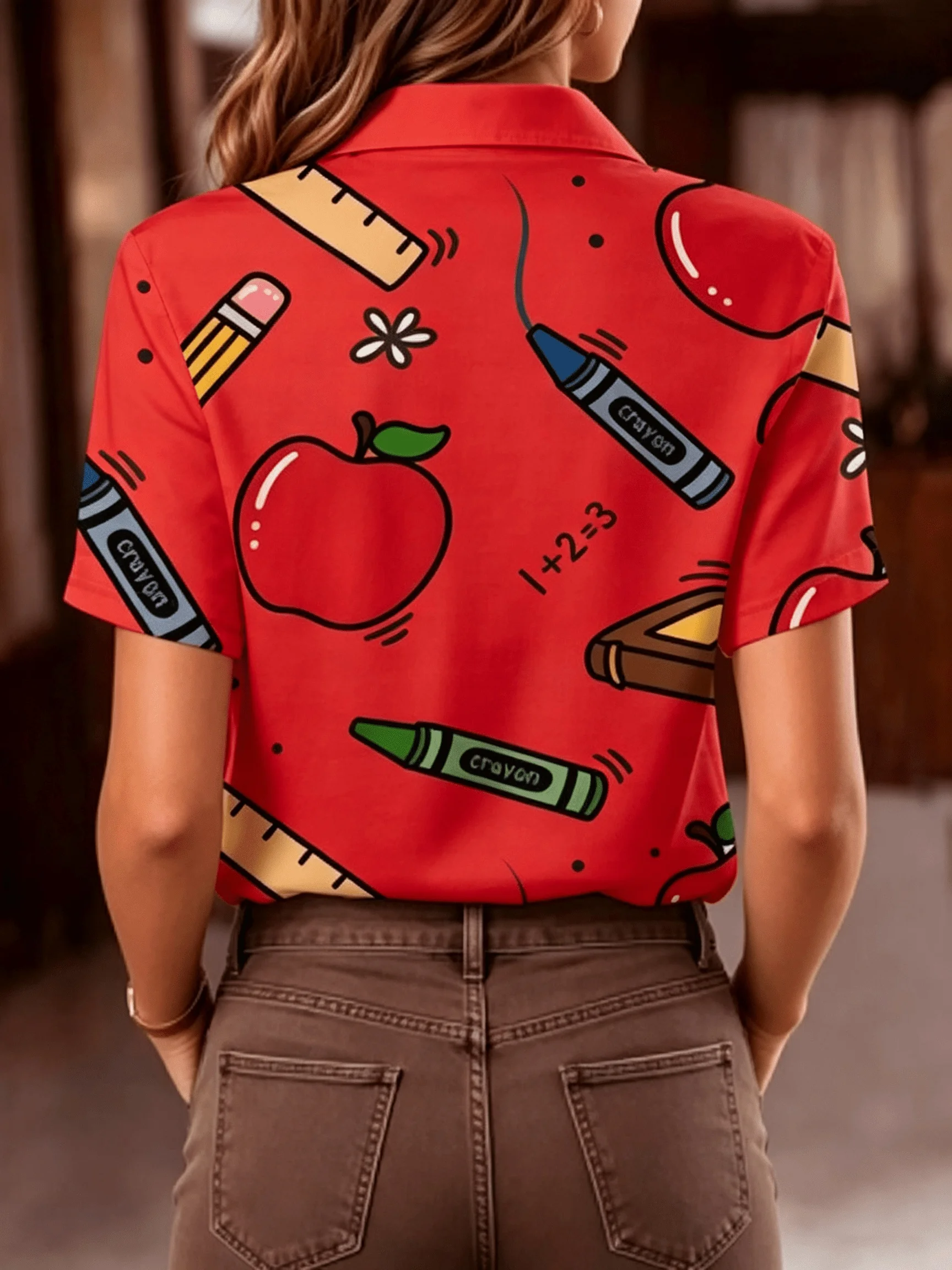 Damen-Langarmshirt mit Cartoon-Apfel- und Schreibwaren-Print, lässig, normale Passform, bequem, vielseitig, für Pendler, für den täglichen Gebrauch – Detail 8