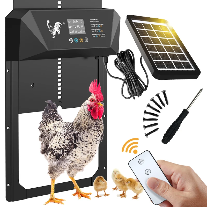 

Solar powered automatic chicken coop door with timer and light sensor, aluminum alloy chicken door with remote control