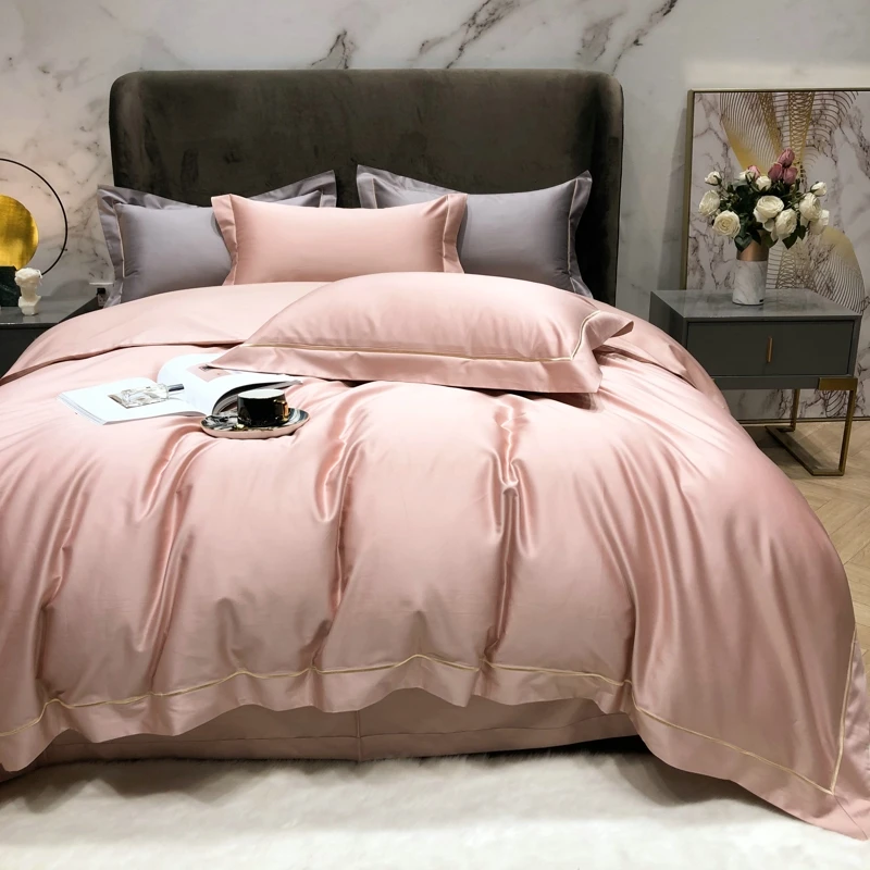 2023 new four-piece bedding simple cotton double household bed sheet quilt cover embroidered comfortable solid pale pink color