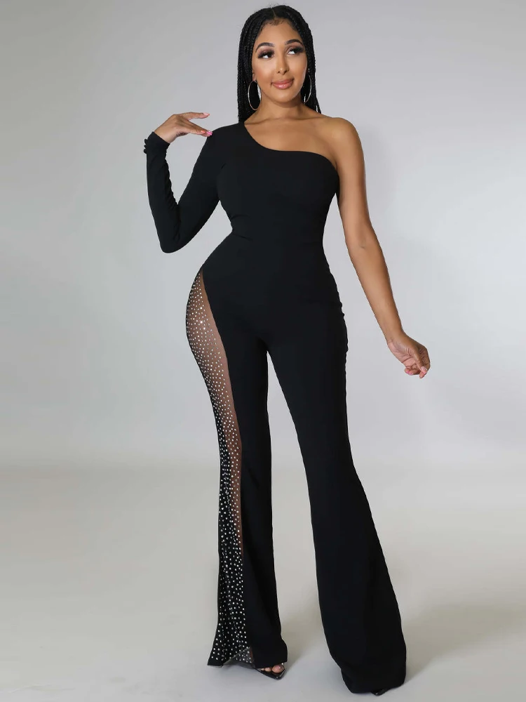 Women's Black One Shoulder Jumpsuit Mesh Perspective Shining Hot Diamond Bra Long Sleeve Nightclub Luxury Fashion Sexy Jumpsuit