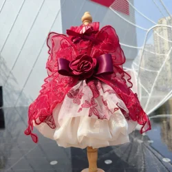 Luxury Wine Red Pet Dog Clothes Handmade Lace Flower Butterfly Wing Bow Princess Dress For Small Medium Dog Puppy Outfits Poodle