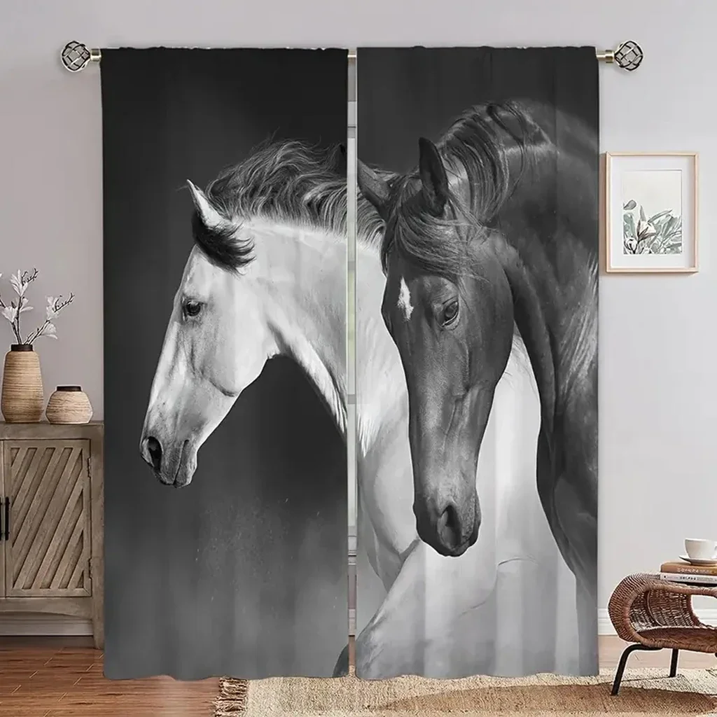 Realistic Wild Animal Horse Window Curtains Drapes for Kids Bedroom Living Room Kitchen Door Home Decor 2Pieces