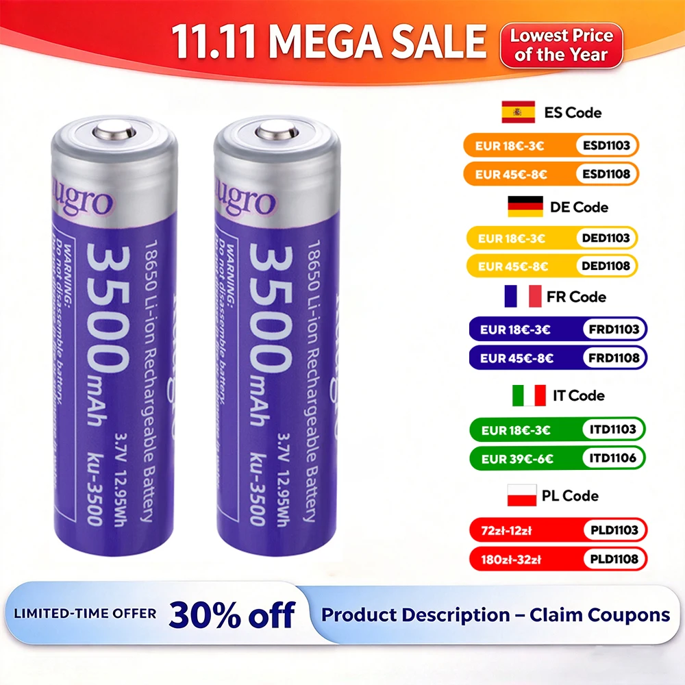 Kuugro Pointed 18650 3500mAh Lithium Battery 3.7V 12A High-rate Discharge for Strong Light Flashlights Headlights