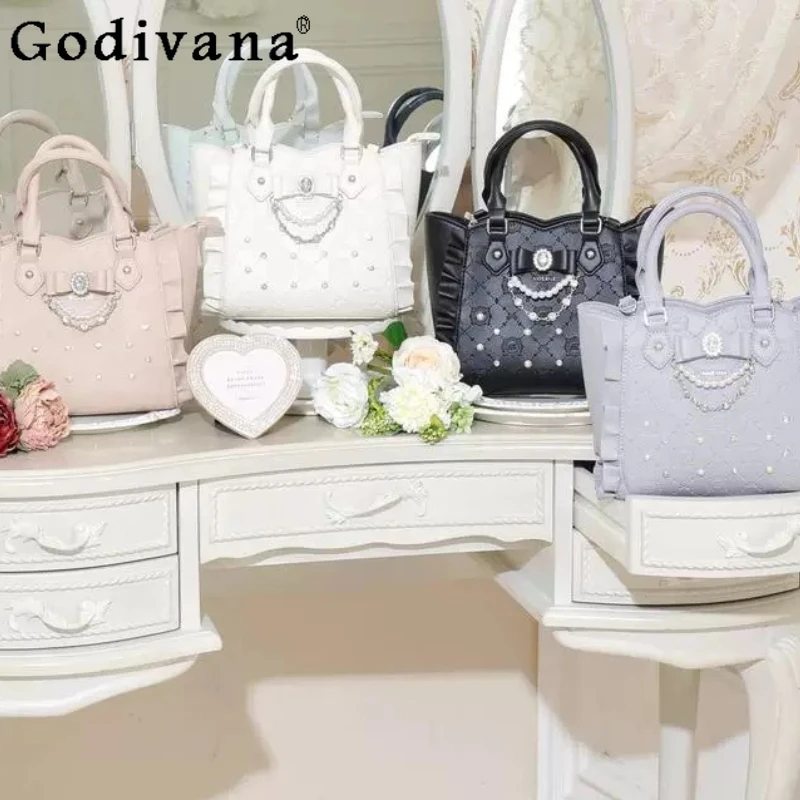

Japanese Style Sweet Lolita Tote Bag New 2025 Girls Cute Bow Pearl Rhinestone Handbag Women's Fashion Versatile Crossbody Bag