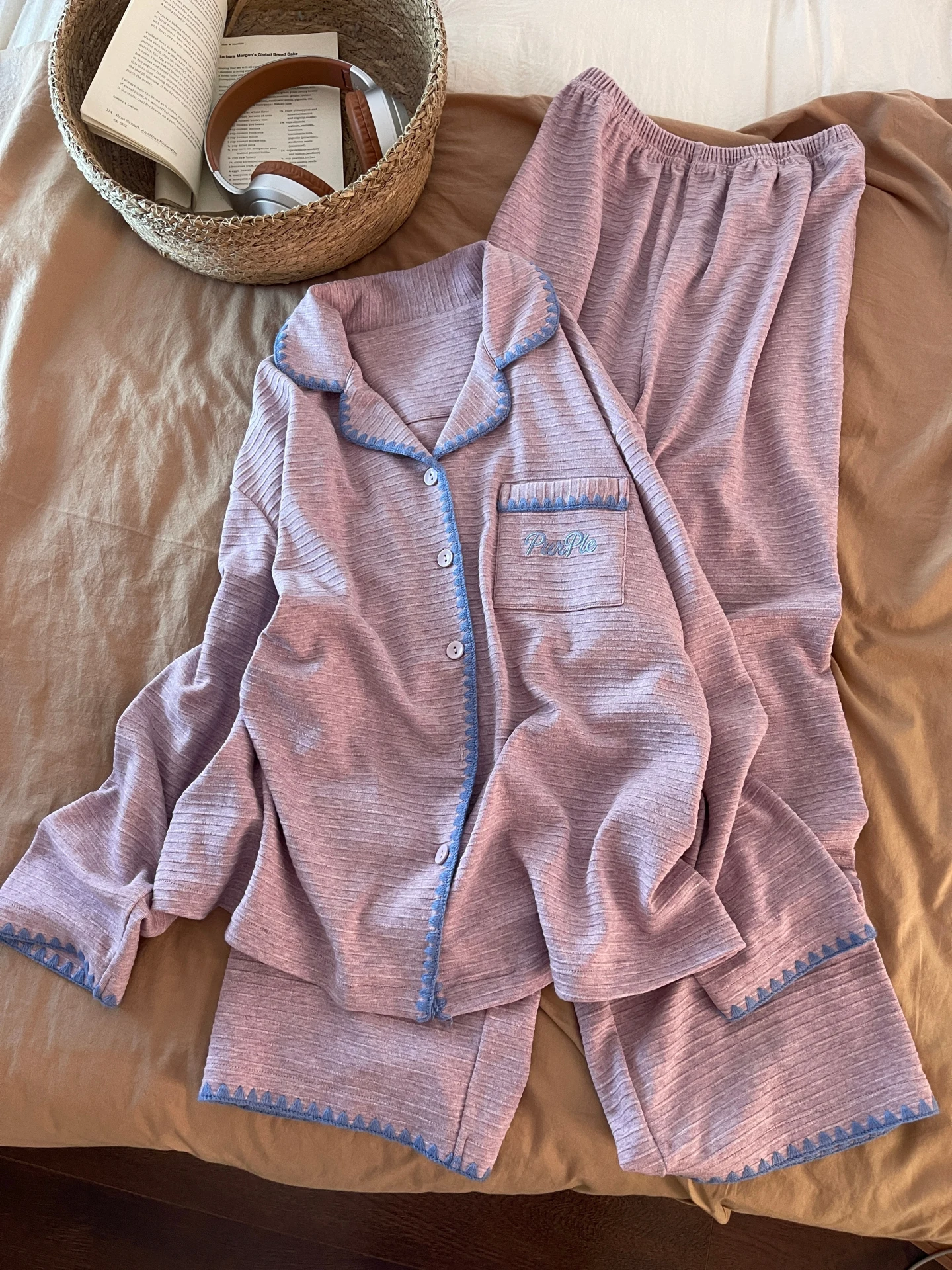 women's-sleepwear-long-sleeve-flannel-cardigan-home-clothes-set-with-letter-print-autumn-collection-outerwear-suitable-purple