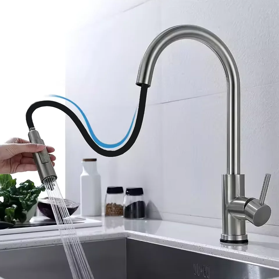 Kitchen Faucet Stainless Steel Brushed Faucet Kitchen Sink Faucet Pull-out Kitchen Water Faucet Single Hole Faucet