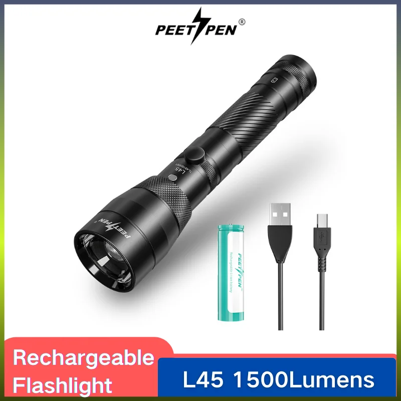 PEETPEN L45 Tactical Flashlight 1500LM USB Rechargeable With 18650 Battery LED Troch Light Self-defense For Camping Searching