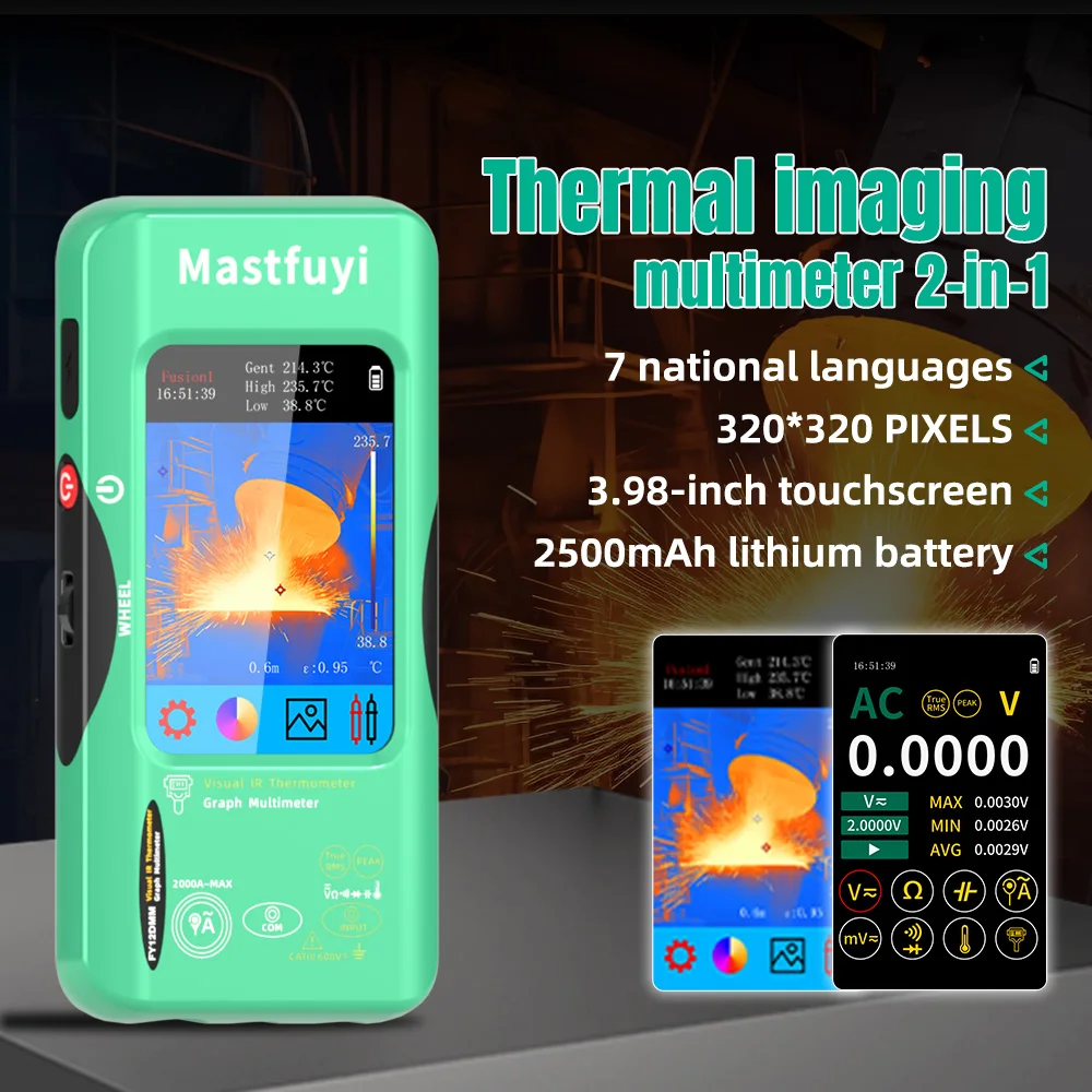 MASTFUYI เครื่องวัดภาพความร้อนมัลติมิเตอร์ออลอินวัน ความละเอียด 320x320 วัดอุณหภูมิ -20°C ถึง 550°C 7 ภาษา