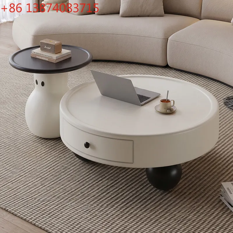 Italian light luxury cream style coffee table combination, round edge table