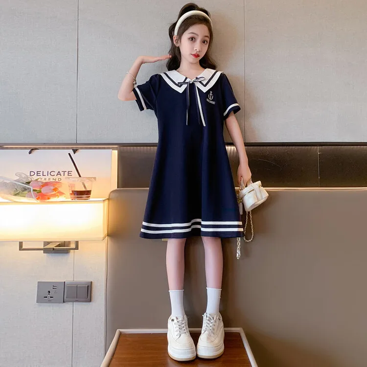 2024 Korean Summer School Girl Academy Style Princess Dress Children Girl Lapel Bowknot One-piece Dress Junior Girl Prom Dress