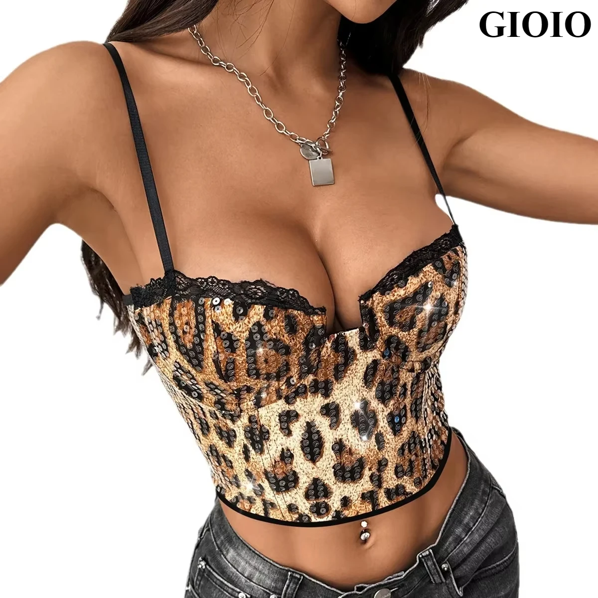 

GIOIO Chic Retro Leopard Lace Patchwork Camis Sequin Fashion Slim Tank Top Sexy Women Summer Tops