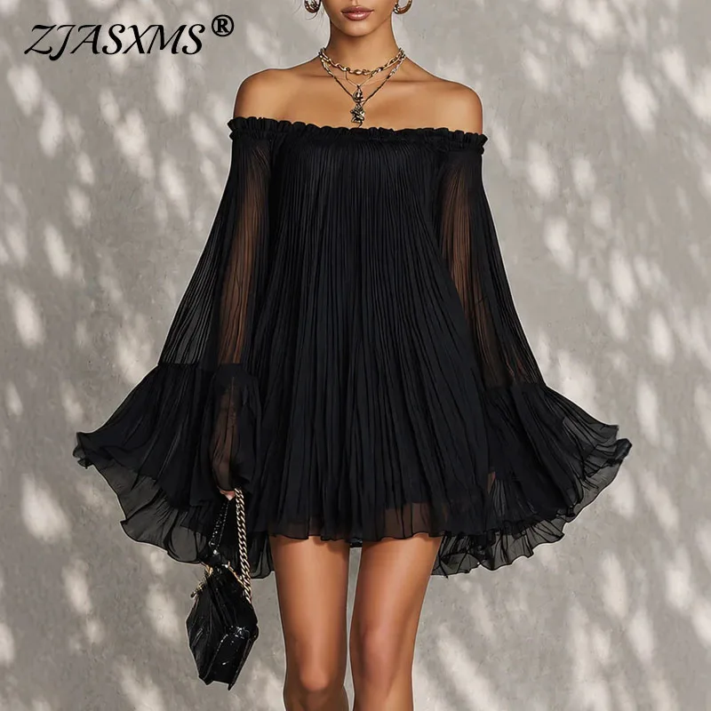 Robe Courte Plissée Unie pour Femme, Col Volanté Épaules Dénudées, Manches Évasées Transparentes, Coupe Ample, Idéale pour Cocktail, Soirée, Vacances d'Été, Plage