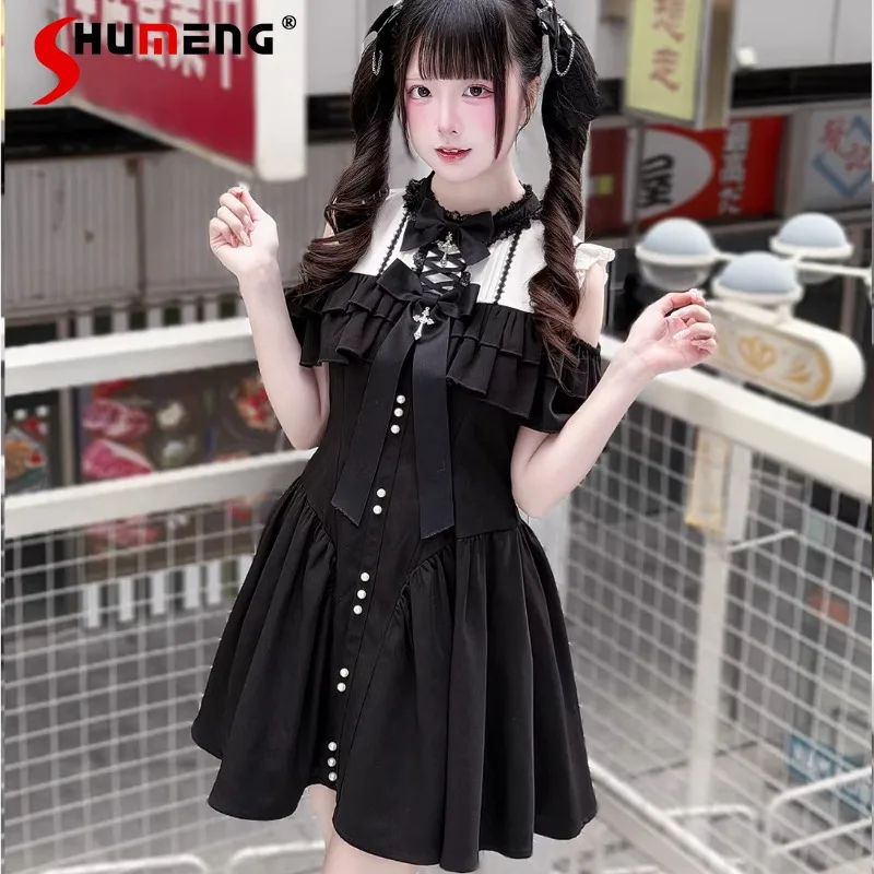 

Original Japanese Lolita Style Clear-cut Y2k Dresses Summer Off-the-shoulder Slim-fitting Dark Commuter Single-breasted Dress