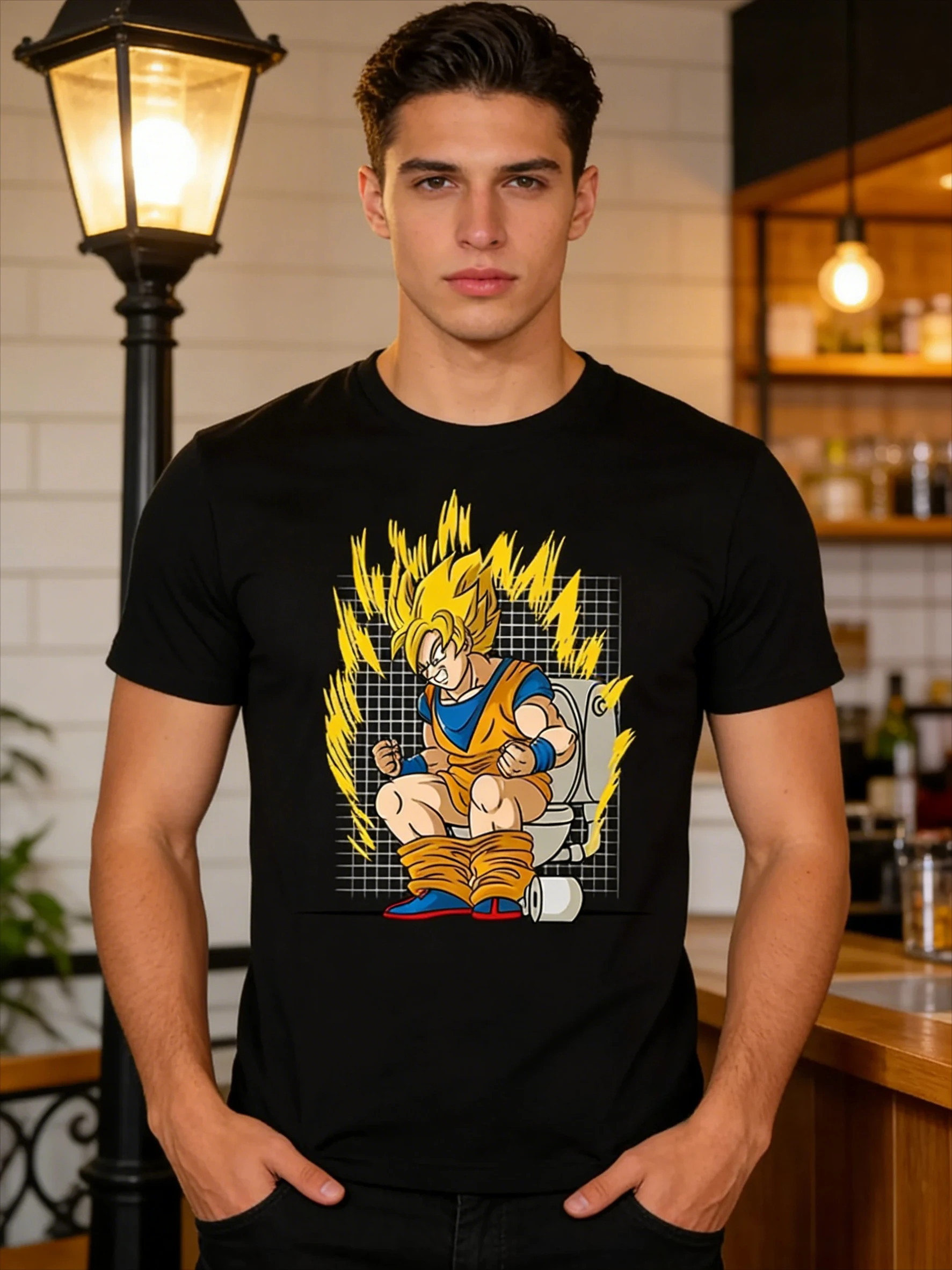 Camiseta holgada de algodón de alta calidad con Dragon Ball, Super Saiyan Goku, pelo dorado sentado en el baño con energía Aura informal