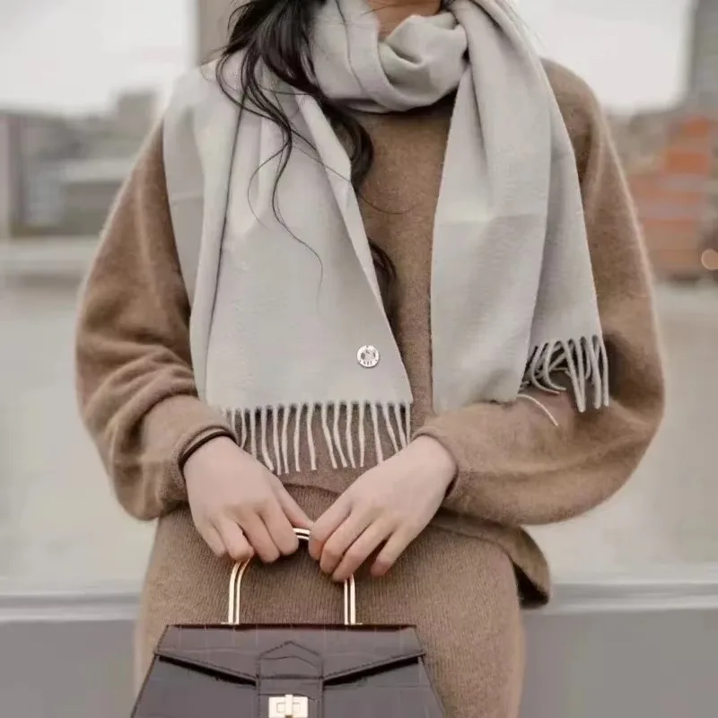 Écharpe en laine monochromatique avec pompon long pour femme, châles tournants chauds, écharpe d\'hiver, polyvalent, grand, document gris, optique,