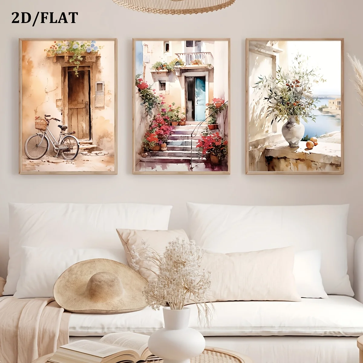 1/3pcs Mediterranean Landscape Watercolor Canvas Printing Bicycle Garden Corner Travel Wall Art Poster for Modern Home Decor