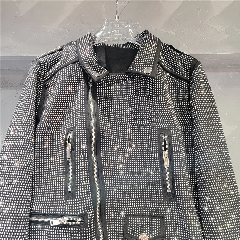 European and American Style Heavy Industry Rhinestone Short Coat 2024 Autumn New Full Diamond Oblique Zipper Jacket for Women