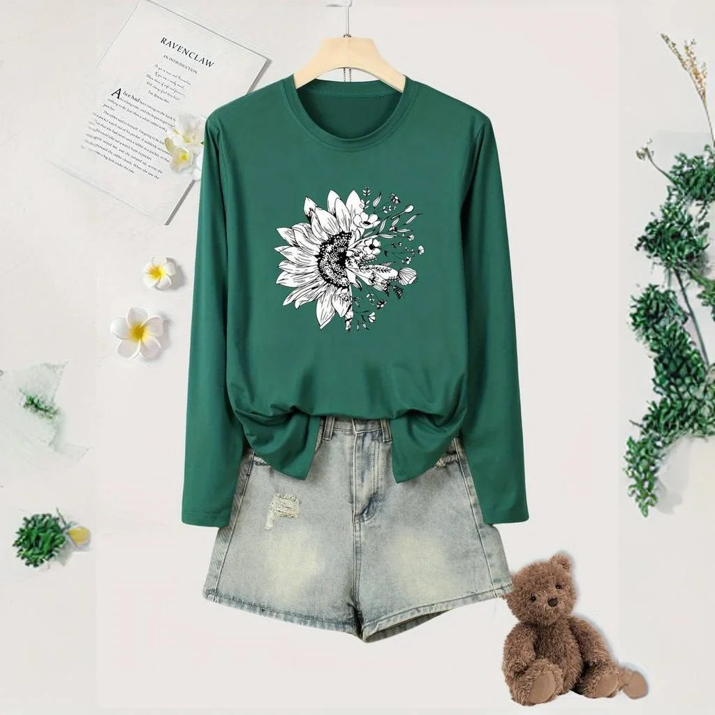 Autumn/ Winter Sunflower Print Women's Clothing Round-Neck Pure Colour T-Shirts 2024 Fashions Imitation Cotton Long Sleeves New