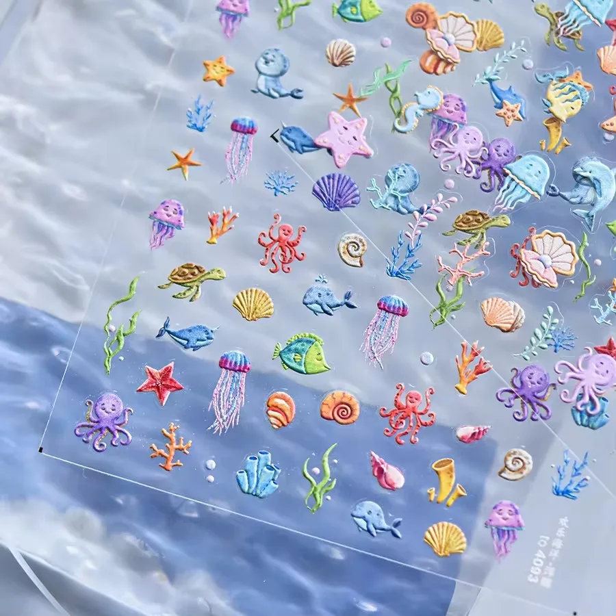 반짝이는 양각 불가사리 쉘 네일 스티커, 다채로운 해파리 별 네일 데칼 장식, 5D 여름 오션 월드 네일 스티커, 1 개