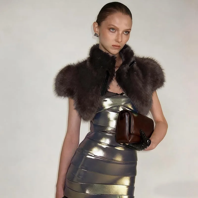Fashionable Women's Autumn and Winter New Item Solid Color Fur Short Style Crop Top Sleeveless Suspender Plush Leather Belt Punk