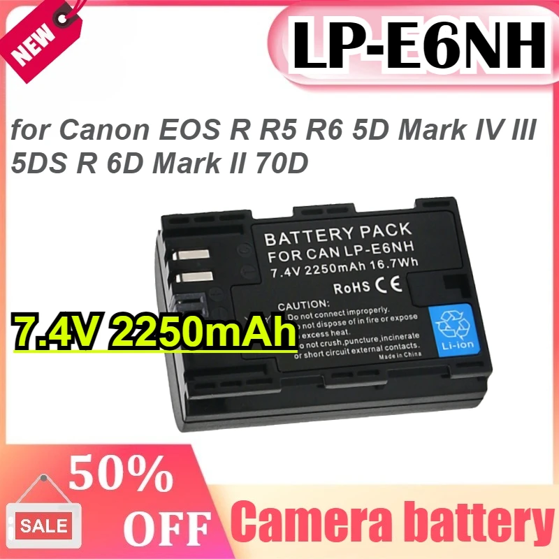 

LP-E6NH LPE6NH 2250mAh Battery for Canon EOS R R5 R6 5D Mark IV III 5DS R 6D Mark II 70D 7D Mark II 90D 80D Camera