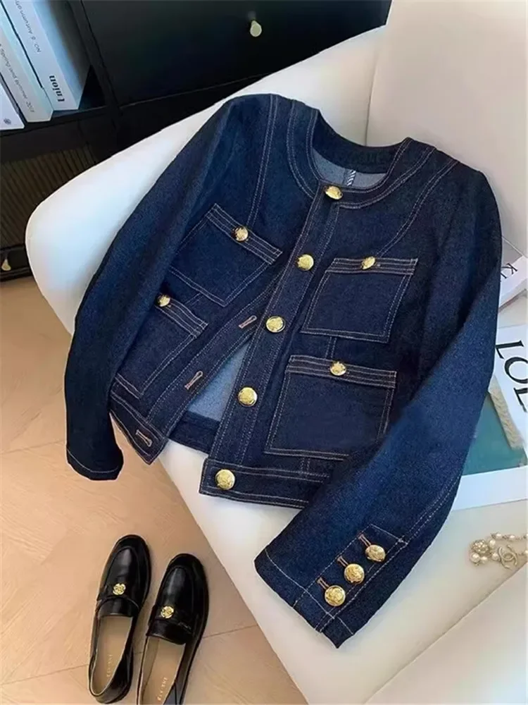 2024 Spring Autumn Vintage Style Casual Blue Elegant Denim Jacket Women\'s Fashion Luxury Style Single Breatsed Simple Jean Coat