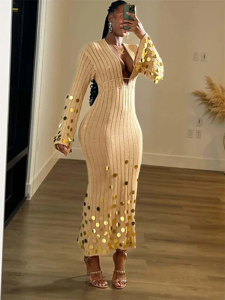 

Sequin Sexy Knit Long Dress Female See-Through High Waist Elegant Beach Holiday Party Dress Women's Knitwear Maxi Dress