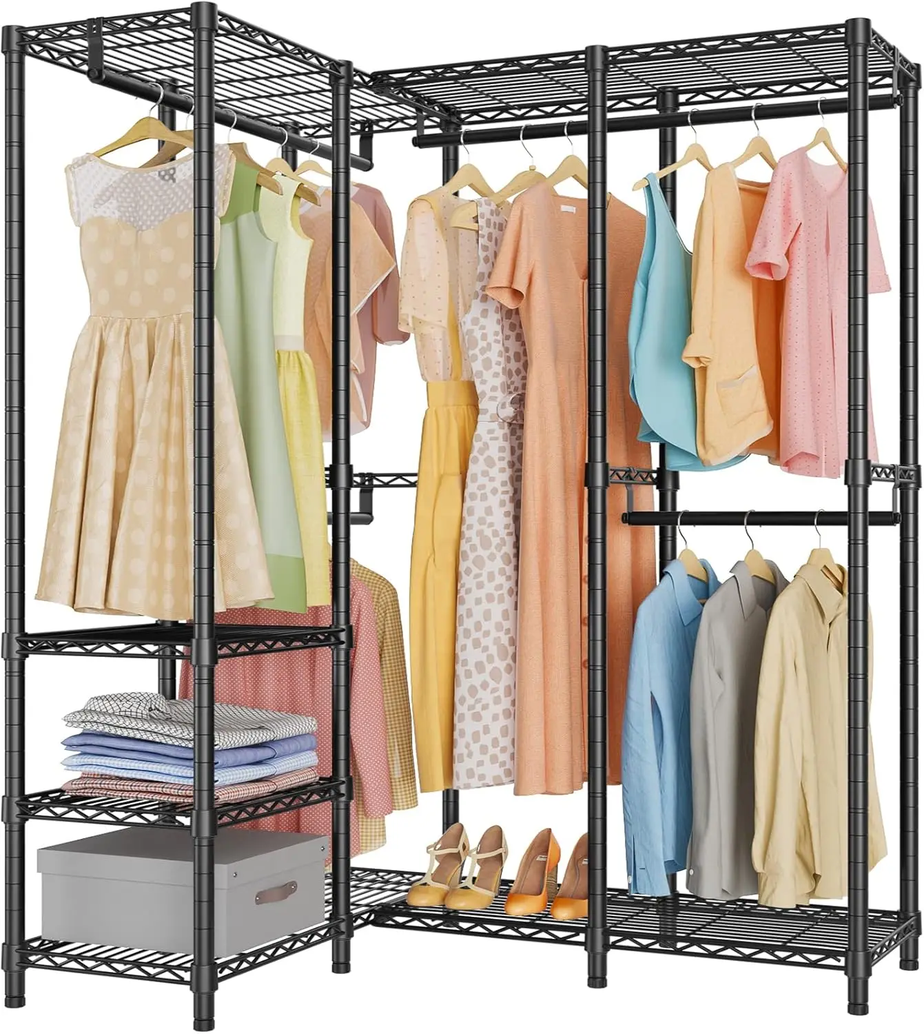 Garment Rack Corner Closet Rack Freestanding L Shaped Clothes Rack, Portable Wardrobe Closet Heavy Duty Metal Clothing Rack