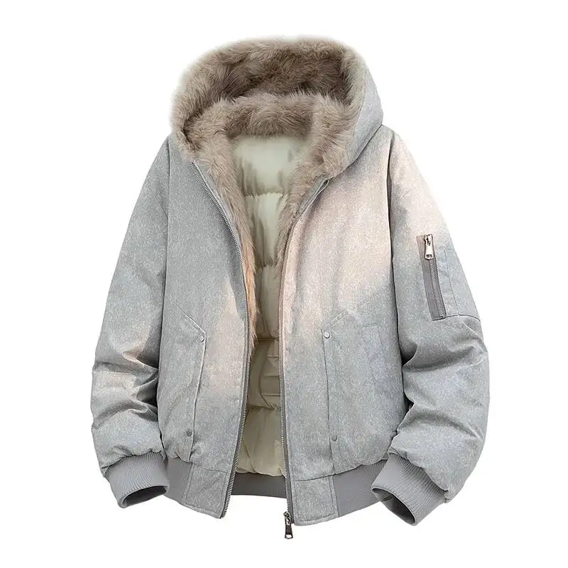 Snow Wash Warm Cotton Parka For Men Oversized Faux Fur Collar Hooded Casual Thick Winter Outerwear V0T6