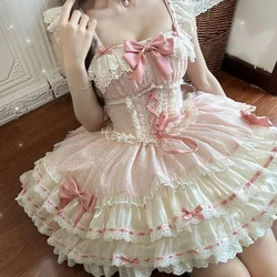 Japanese Sweet Lolita Jsk Mesh Dress Women Kawaii Lace Bow Ruffles Tea Party Dresses Harajuku Cute Pink Princess Mini Cake Dress