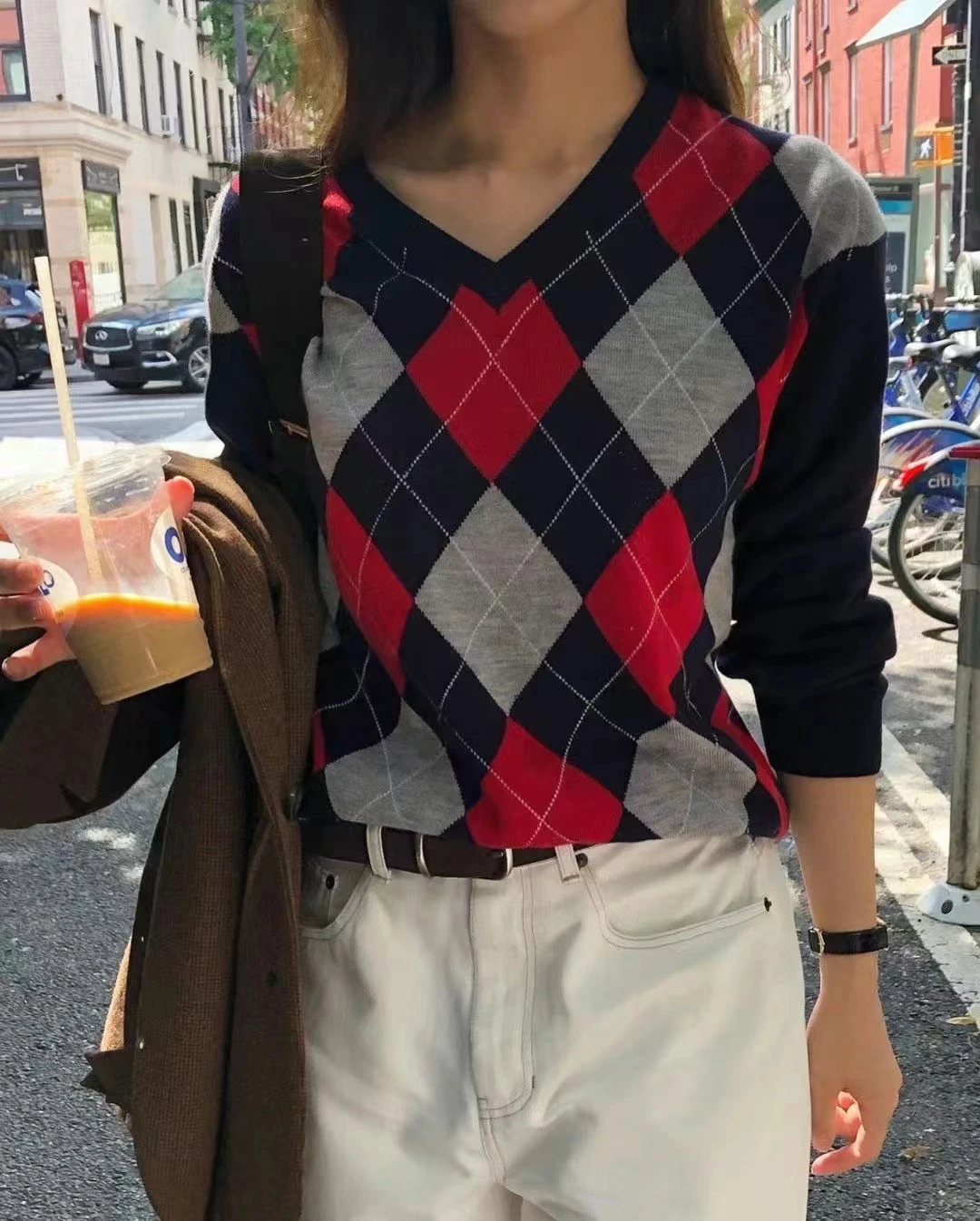 

Ele V-Ne Knitted Sweater Autumn Winter Woolen Diamond Pattern Loose Fit Long Sve Commute Sle Premium Quali Top