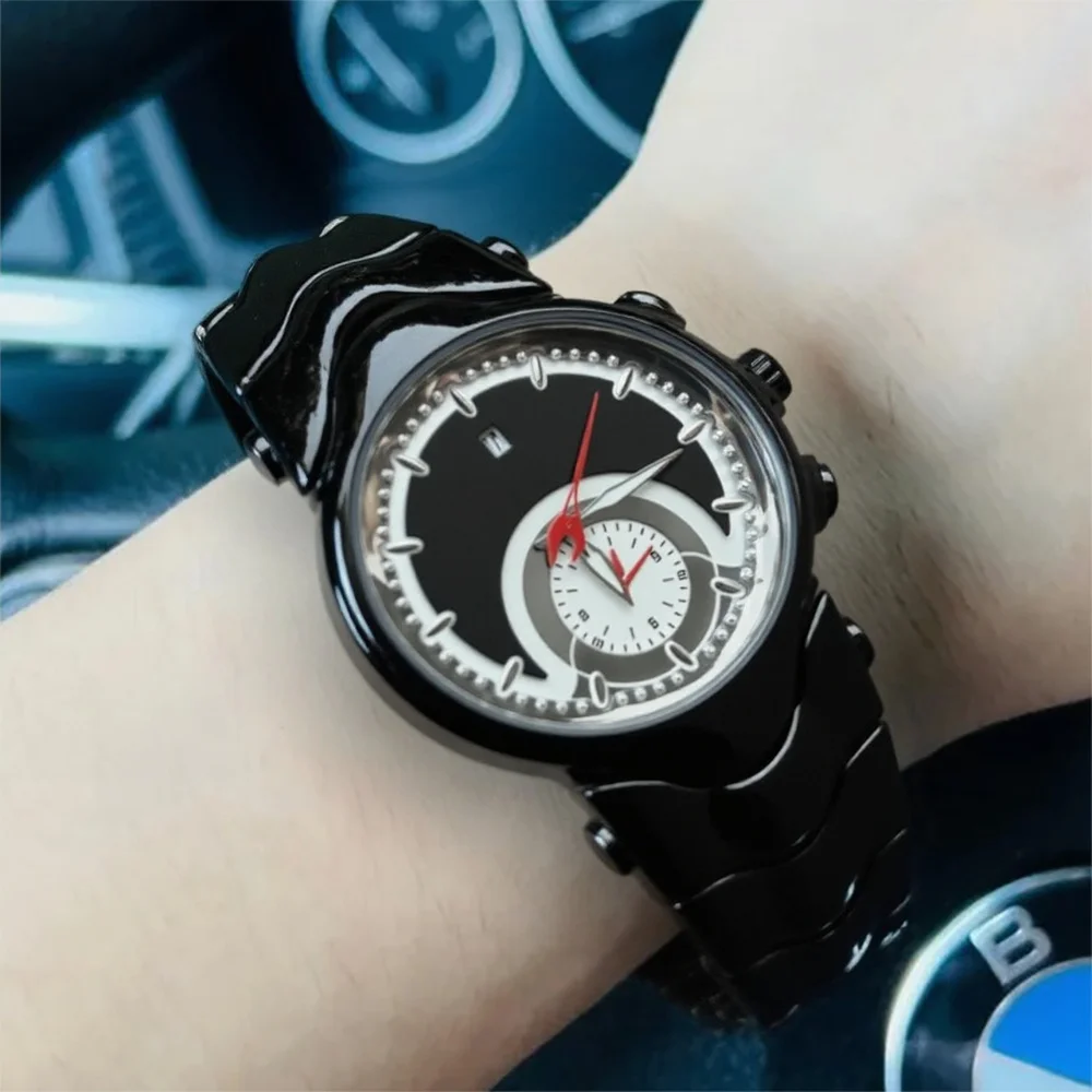

Unique Black Fake Dial Quartz Watches Men's Y2K Creative Design Different Shapes Waterproof Watch Man Luminous Steel Male Clock