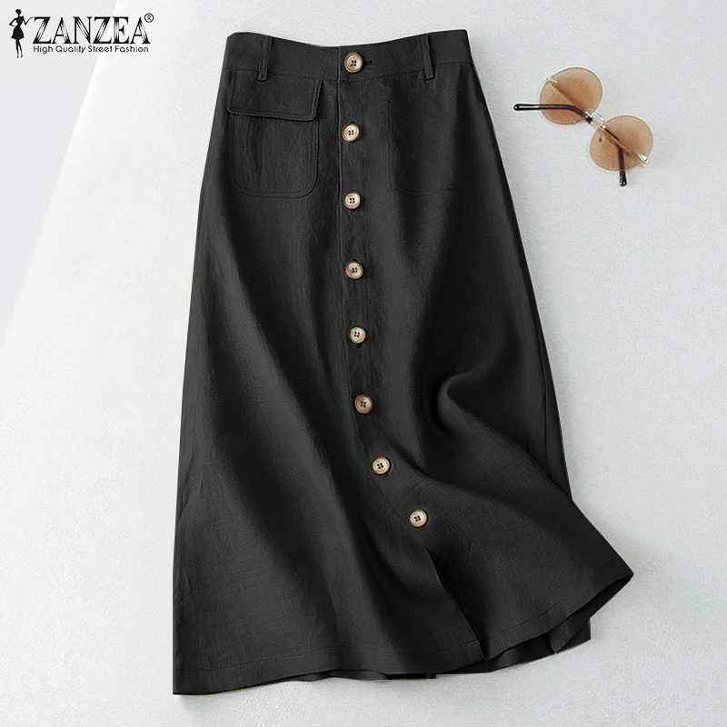 ZANZEA-Saia Midi de Algodão de Cintura Alta Elegante Feminina, Casual de Botões, Saias Linha A, Monocromática, Verão, 2023
