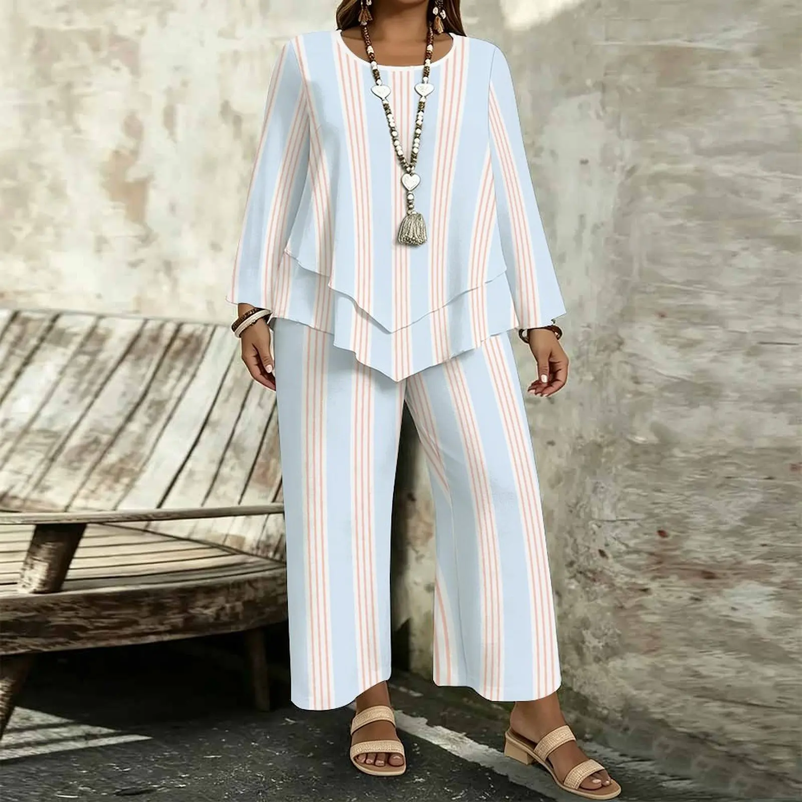 Plus Size Women Spring/summer Print Two Piece Set Street Vacation Long Sleeves Fashion Retro Tops Everyday  Casual Long Pants