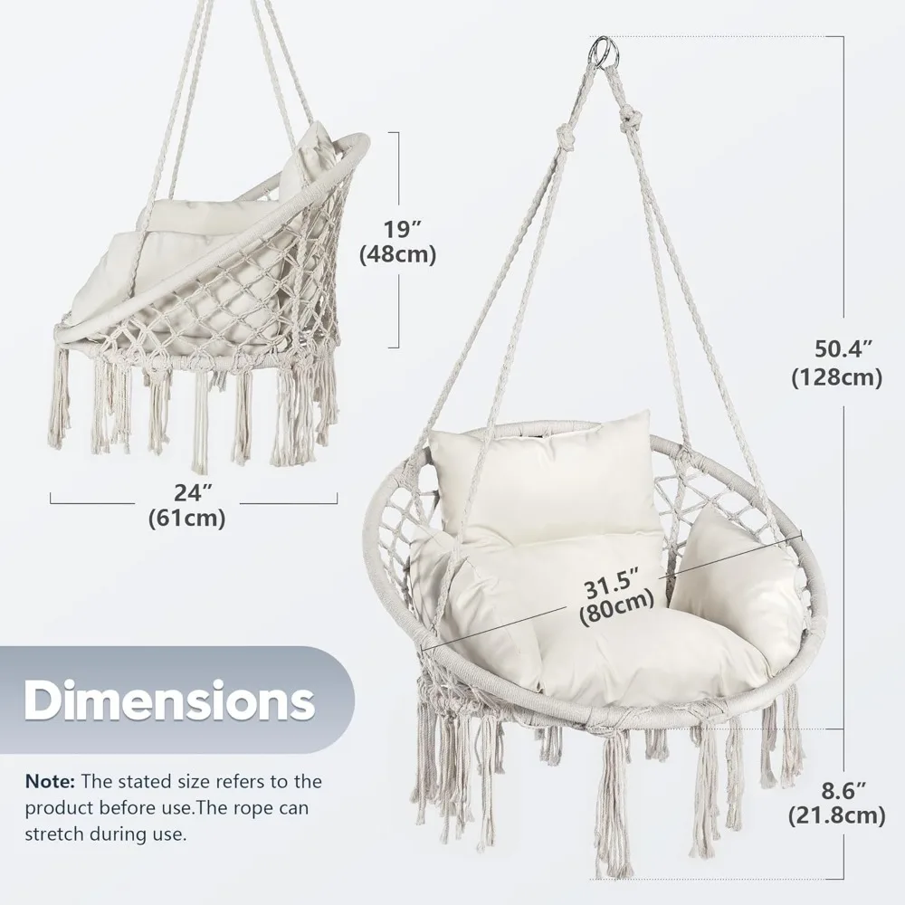 Comfortable Hanging Swing Chair with Cushion, Supports 330 Lbs for Indoor and Outdoor Use - White