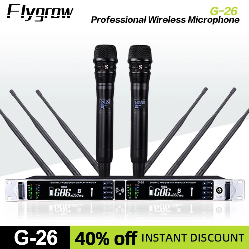 

Flygrow G-26 Professional Wireless Microphone 2-Channel UHF True Diversity Remote Transmission Dynamic Handheld Microphone