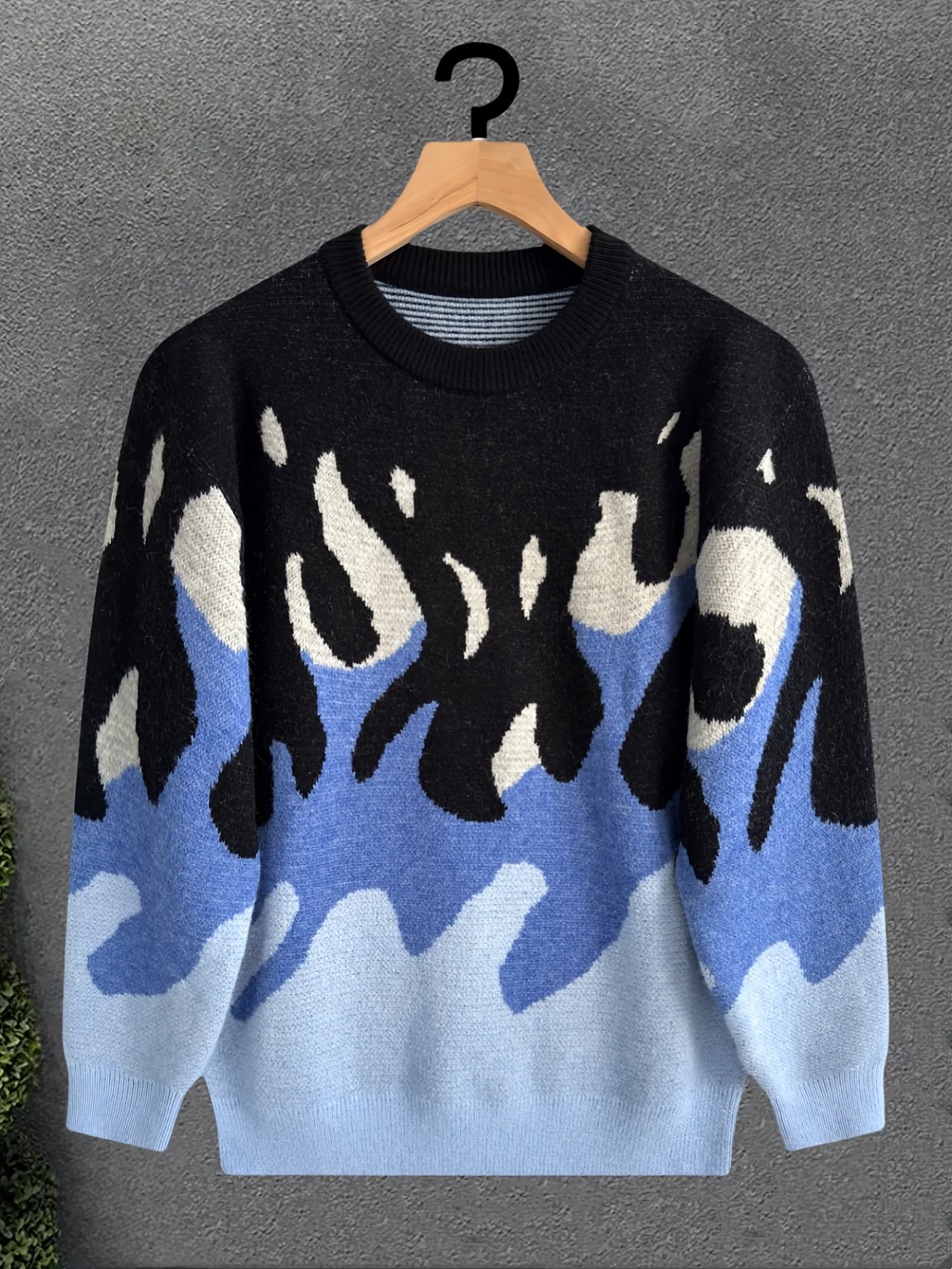 

LVLAEA Fire Pattern Jacquard Men Winter Fall Streetwear Shirt Round Neck Long Sleeve Trendy Fashion Y2K Knitted Pullover for Men