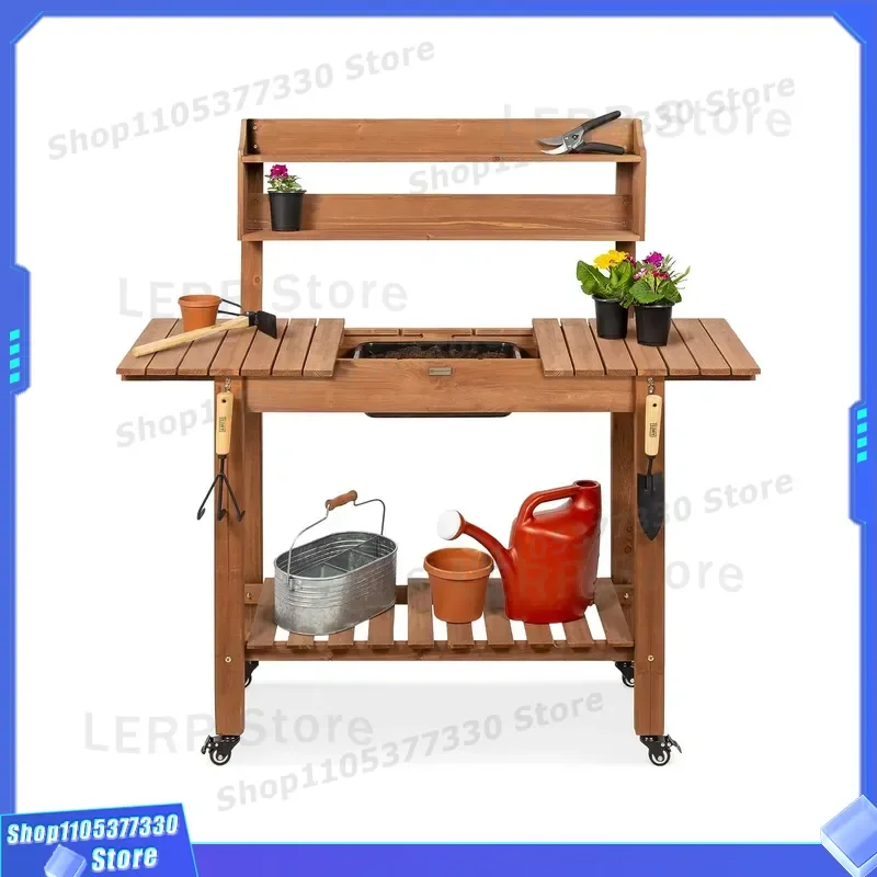 XOT038 Modern Wooden Potted Bench Natural Color Garden Decor Outdoor Backyard Home Nursery Table Stylish Plant Stand