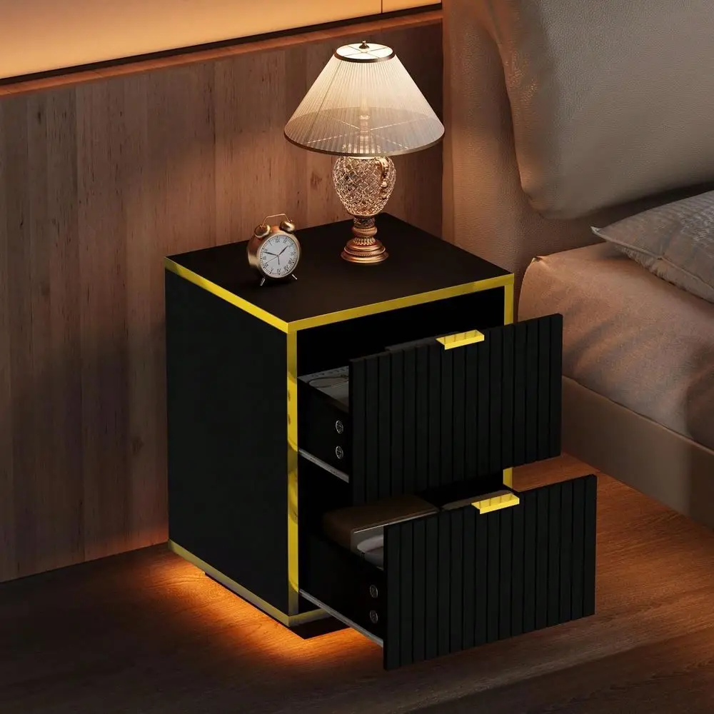 

With LED Lights, Morden Night Stand With Gold Frame, Fluted Nightstand With Drawers, Bedside Table With Storage, Side Table For