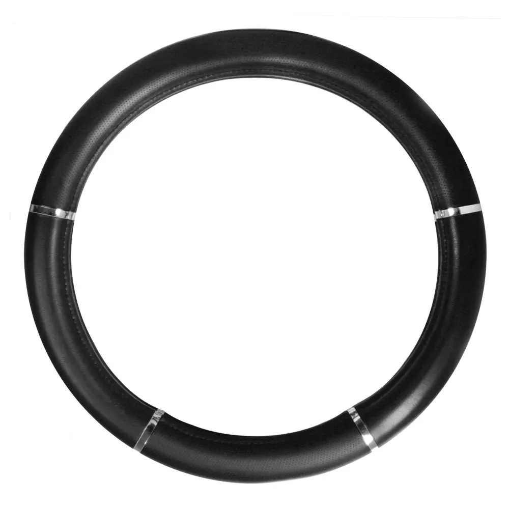 

18 Inch Black Steering Wheel Cover With Chrome Accents And Perforated Leather Texture