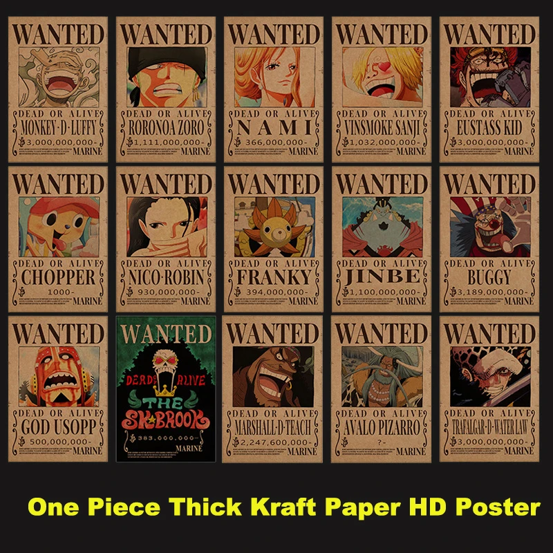 One Piece Wanted Bounty Thick Kraft Paper Poster Anime Luffy Straw Hat Pirates Four Emperors Oka Shichibukai Wallpaper RoomDecor