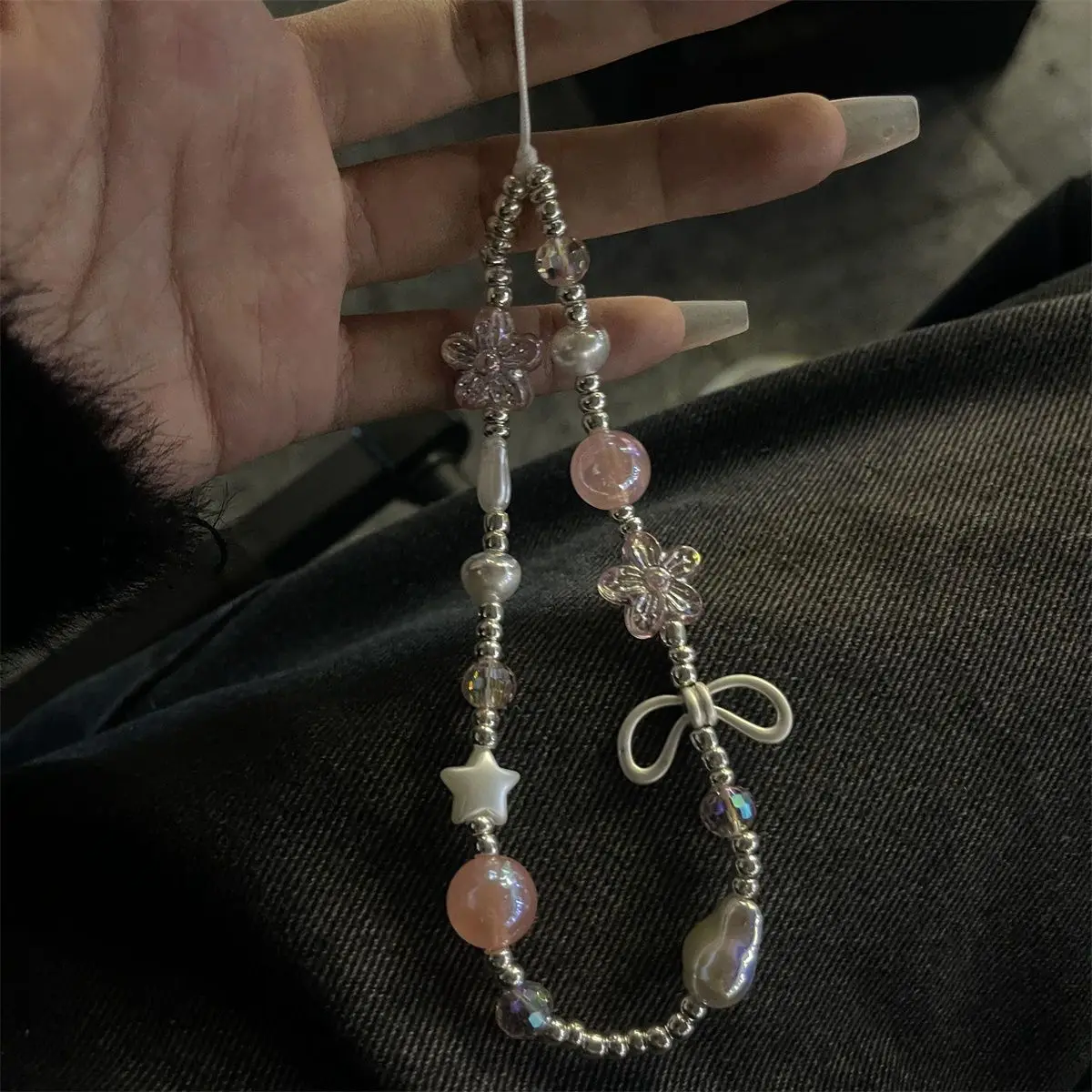 Sweet Cool Girl Pink Flower Mobile Phone Chain Mobile Phone Case Pendant Camera Chain Beads Key Chains Fashion Jewelry