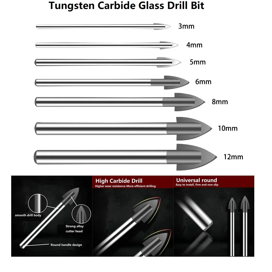 1/4pcs Tile Glass Drill Bit Set Tungsten Carbide Tipped For Ceramic Tile Cutter Power Tool Hole Saw 3-12mm Drill Length 64-83mm