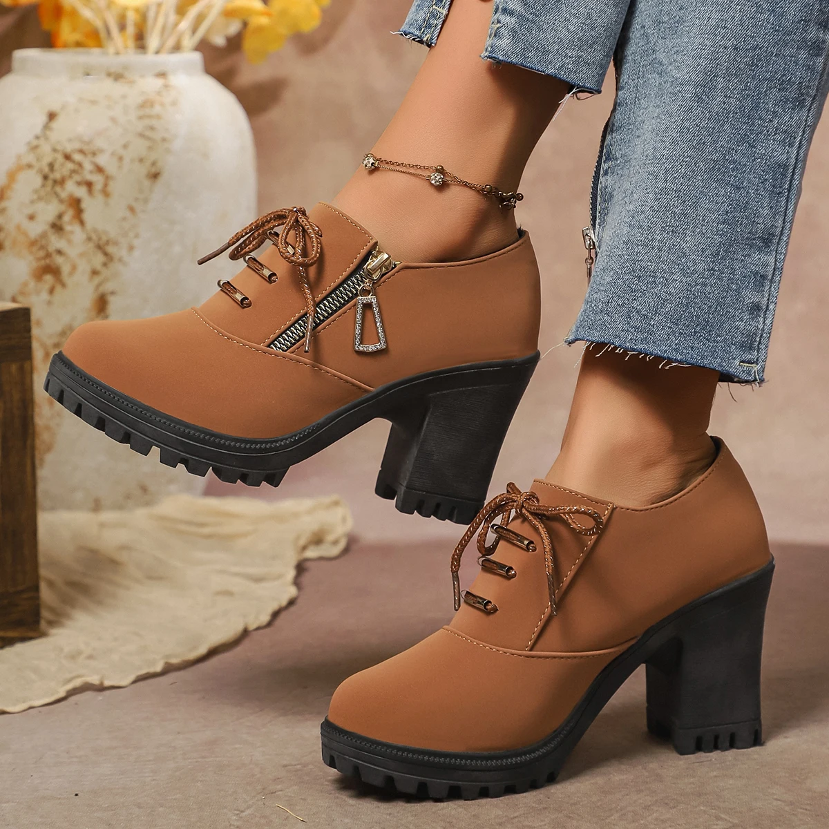 Women Spring/Autumn New Round Toe Thick High Heel Lace-Up Side Zipper Suede Ankle Boots Fashion outdoor Non-slip shoes Size35-43