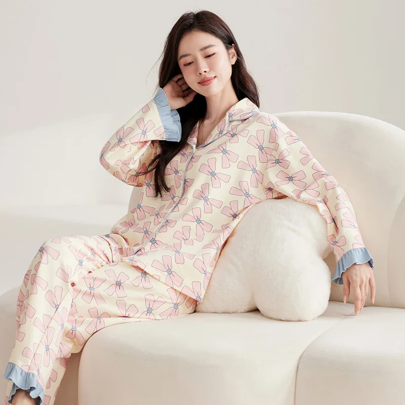 Bowknot Women Pajamas Set Cute Kawaii Sweet Sleepwear Long Sleeves Long Pants Autumn Winter Pyjamas Cozy Pijamas Girl Pjs Button