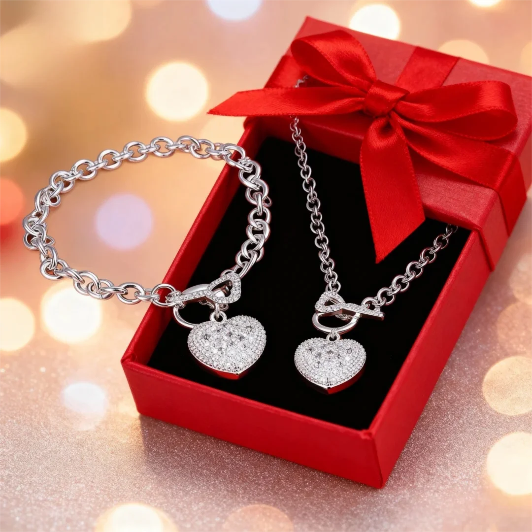 لطيف هدية عيد الميلاد زفاف جميل 925 الفضة مطلي أزياء للنساء كلاسيكي جميل قلادة سوار طقم مجوهرات S25 #1