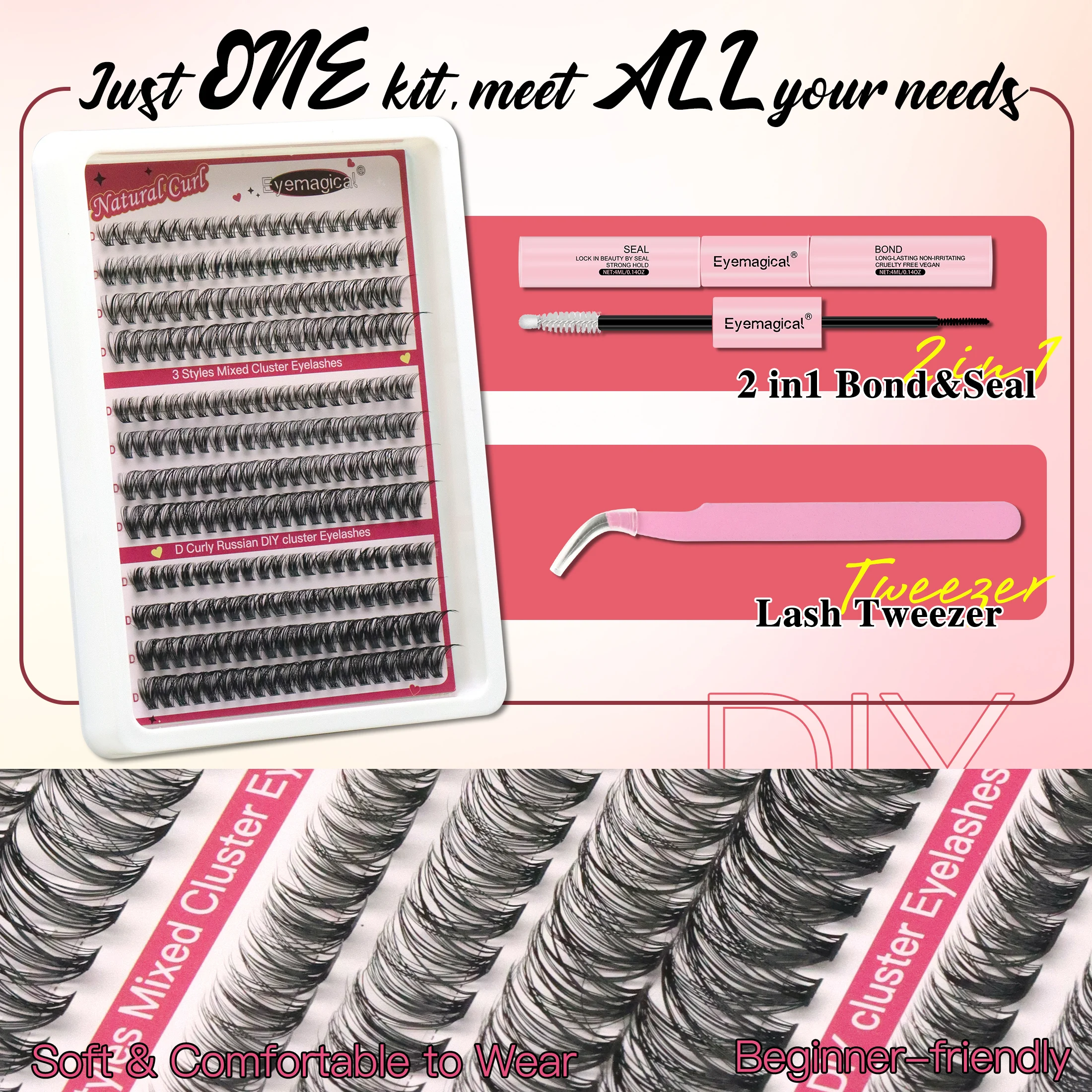 Profesjonalny zestaw do samodzielnego montażu kęp rzęs z klejem, uszczelniaczem i aplikatorem, wysokiej jakości zestaw do przedłużania rzęs metodą kęp, w formie tacki.