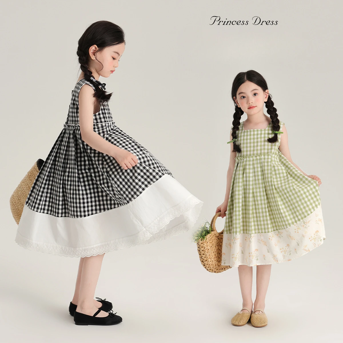 

Girl Dress 2024 Summer New Patchwork Plaid Simple Girls Dress 2024 Summer New Children Crew Neck Vest Dresses Plaid Skirt