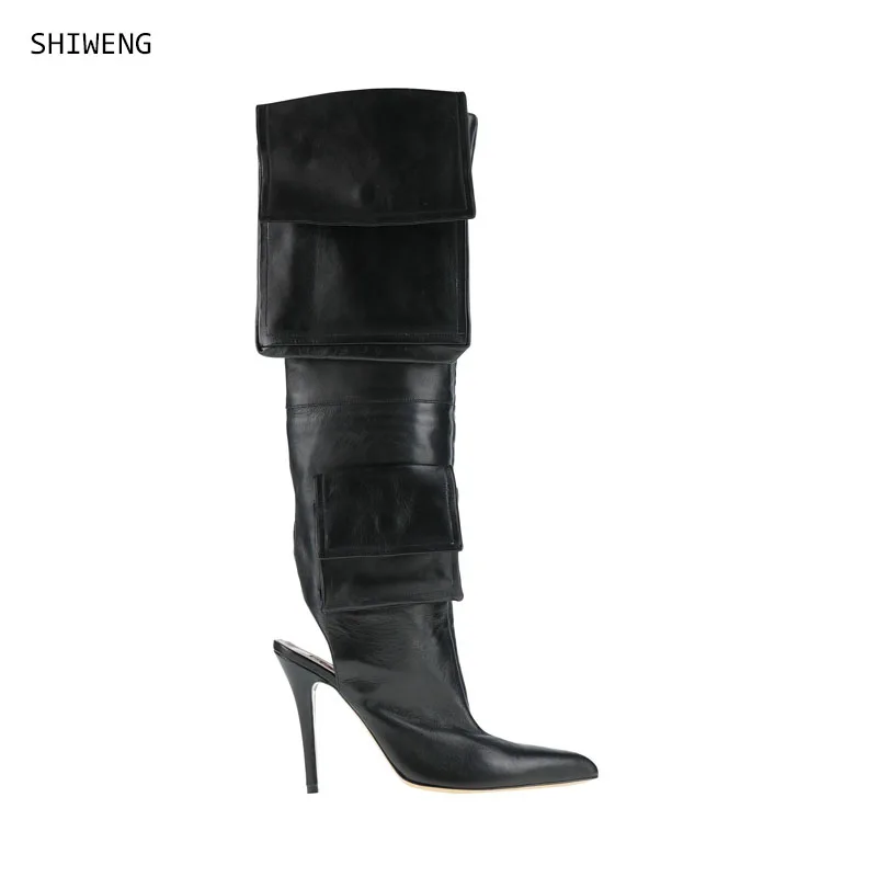 

2025 Lady PU Leather Pocket Design Thigh Boots Solid T Show Sexy Slingback High Heels Boots Summer Pointer toe boots 44