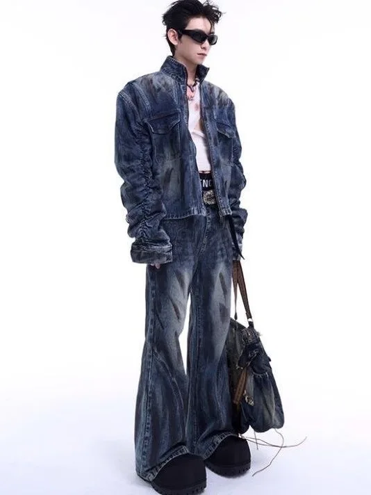 

Мужской модный комплект с высокой талией, облегающие джинсы с длинной талией в стиле ретро и микро-расклешенными джинсами, осенняя одежда